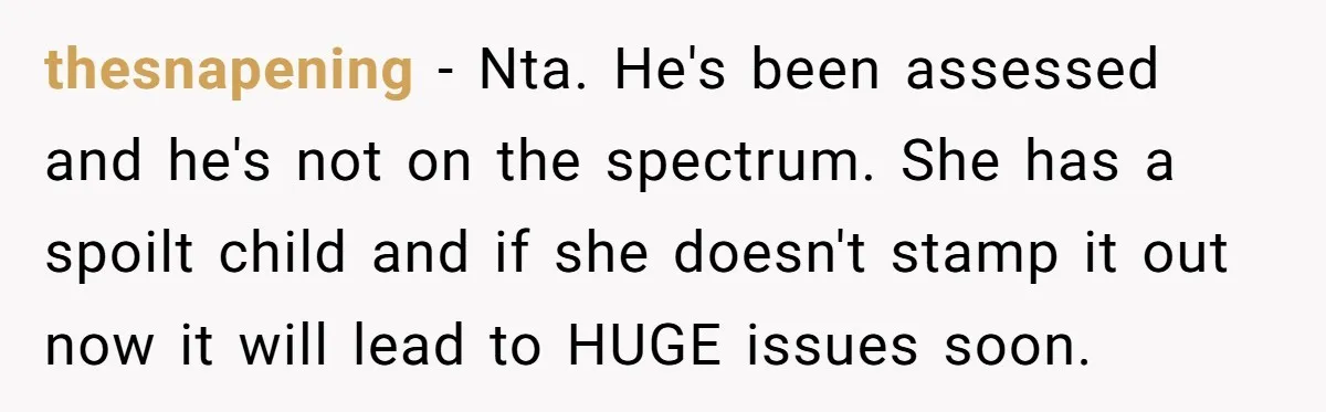 thesnapening − Nta. He's been assessed and he's not on the spectrum. She has a spoilt child and if she doesn't stamp it out now it will lead to HUGE...