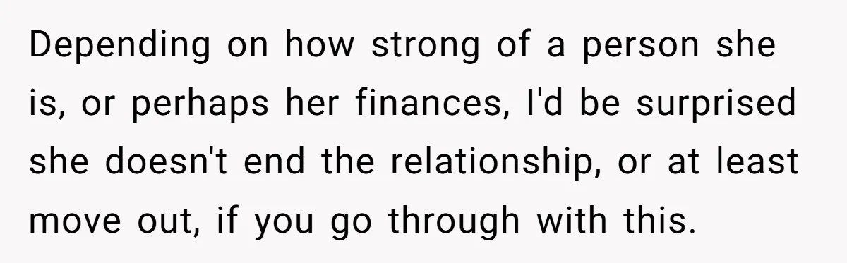 Depending on how strong of a person she is, or perhaps her finances, I'd be surprised she doesn't end the relationship, or at least move out, if you go through...