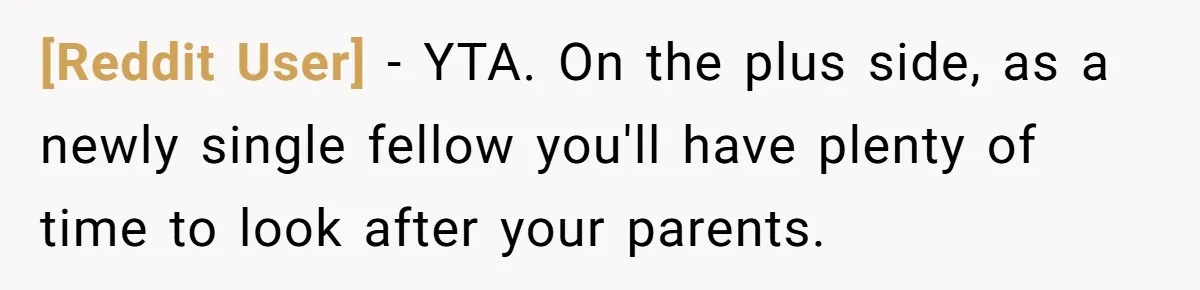 [Reddit User] − YTA. On the plus side, as a newly single fellow you'll have plenty of time to look after your parents.