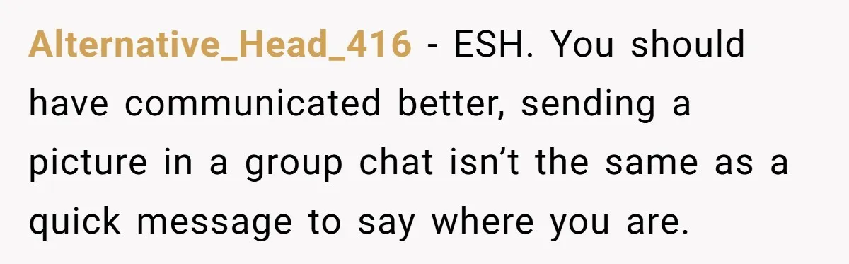 Alternative_Head_416 − ESH. You should have communicated better, sending a picture in a group chat isn’t the same as a quick message to say where you are.