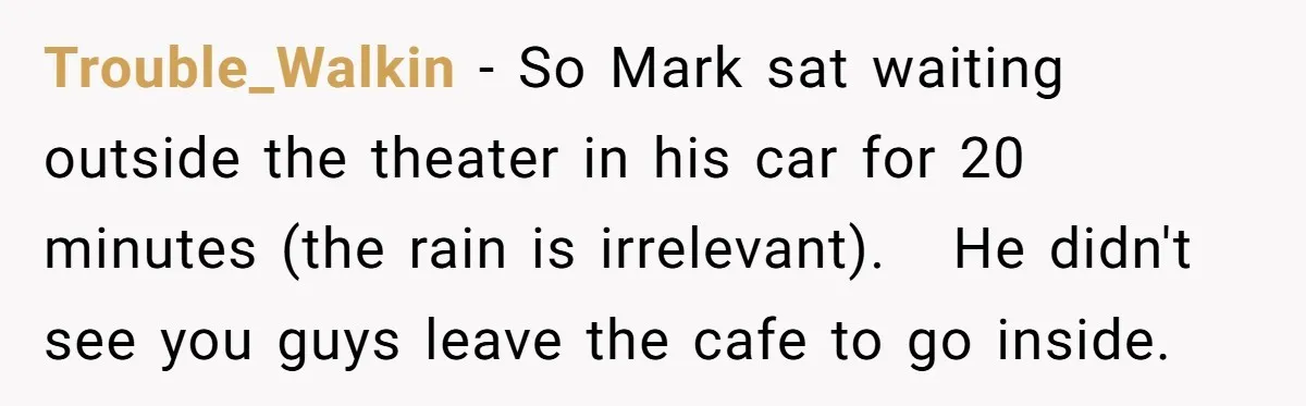 Trouble_Walkin − So Mark sat waiting outside the theater in his car for 20 minutes (the rain is irrelevant). He didn't see you guys leave the cafe to go inside.