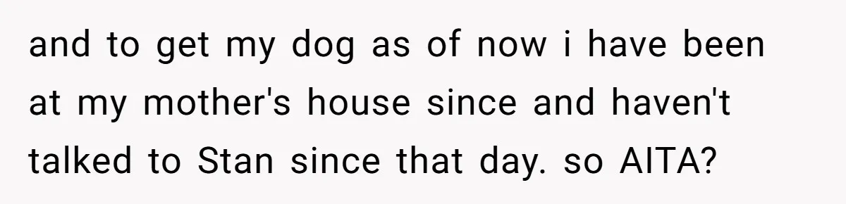 and to get my dog as of now i have been at my mother's house since and haven't talked to Stan since that day. so AITA?