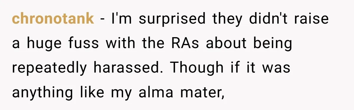 chronotank − I'm surprised they didn't raise a huge fuss with the RAs about being repeatedly harassed. Though if it was anything like my alma mater,