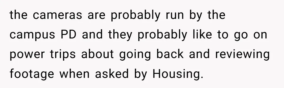 the cameras are probably run by the campus PD and they probably like to go on power trips about going back and reviewing footage when asked by Housing.