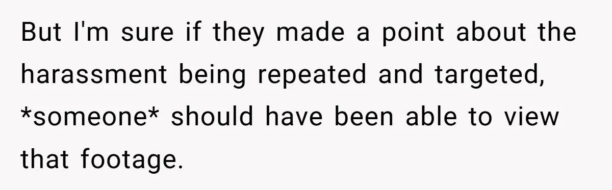 But I'm sure if they made a point about the harassment being repeated and targeted, *someone* should have been able to view that footage.