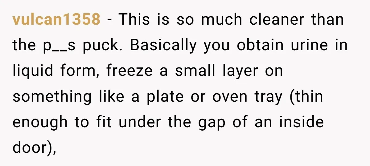 vulcan1358 − This is so much cleaner than the p__s puck. Basically you obtain urine in liquid form, freeze a small layer on something like a plate or oven tray...
