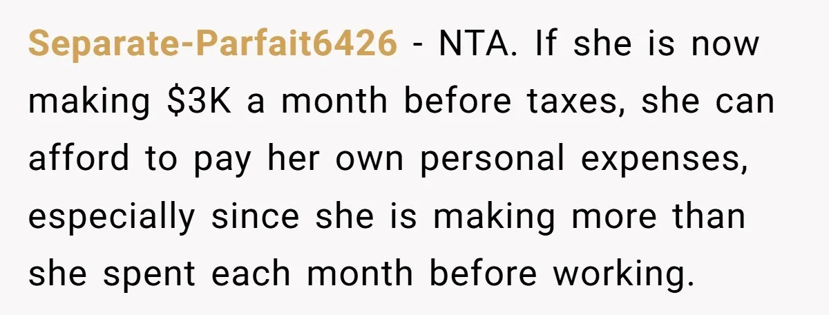 Separate-Parfait6426 − NTA. If she is now making $3K a month before taxes, she can afford to pay her own personal expenses, especially since she is making more than she...