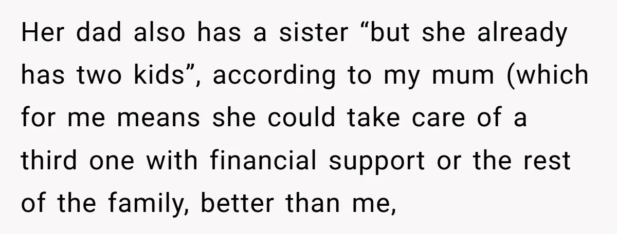 Her dad also has a sister “but she already has two kids”, according to my mum (which for me means she could take care of a third one with financial...