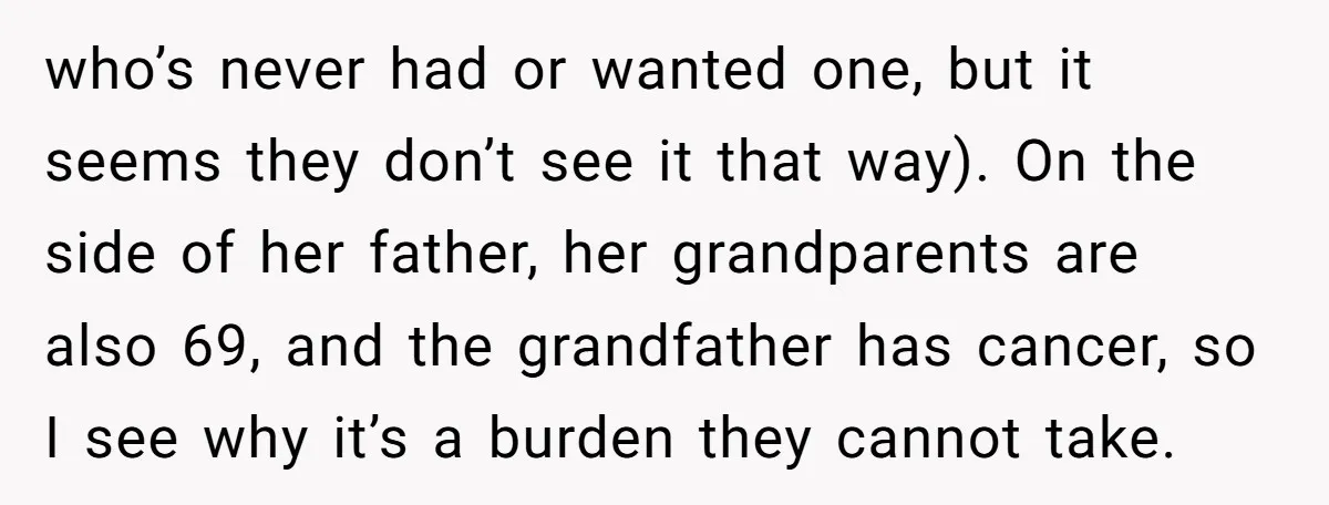 who’s never had or wanted one, but it seems they don’t see it that way). On the side of her father, her grandparents are also 69, and the grandfather has...