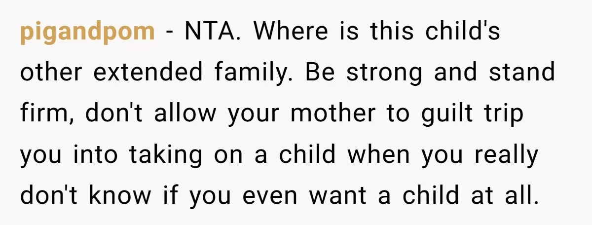 pigandpom − NTA. Where is this child's other extended family. Be strong and stand firm, don't allow your mother to guilt trip you into taking on a child when you...