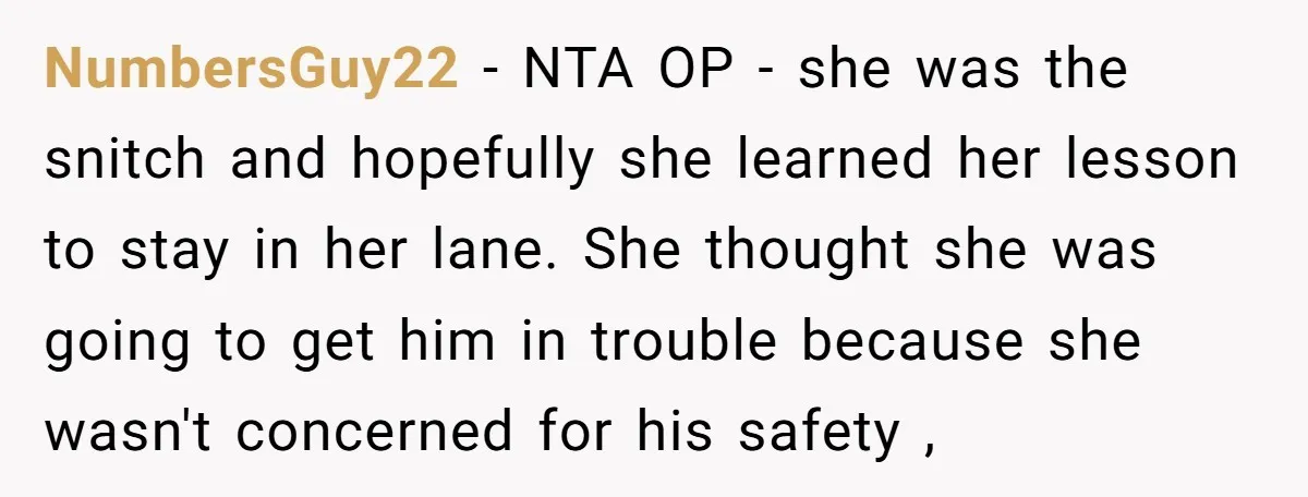 NumbersGuy22 − NTA OP - she was the snitch and hopefully she learned her lesson to stay in her lane. She thought she was going to get him in trouble...