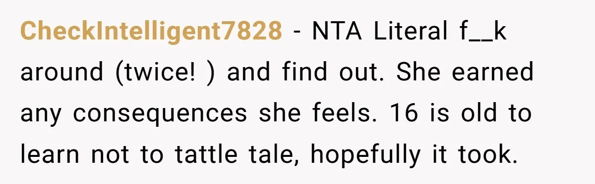 CheckIntelligent7828 − NTA Literal f__k around (twice! ) and find out. She earned any consequences she feels. 16 is old to learn not to tattle tale, hopefully it took.