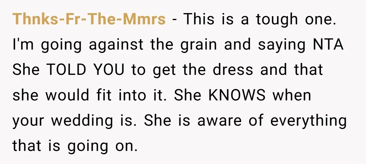 Thnks-Fr-The-Mmrs − This is a tough one. I'm going against the grain and saying NTA She TOLD YOU to get the dress and that she would fit into it. She...