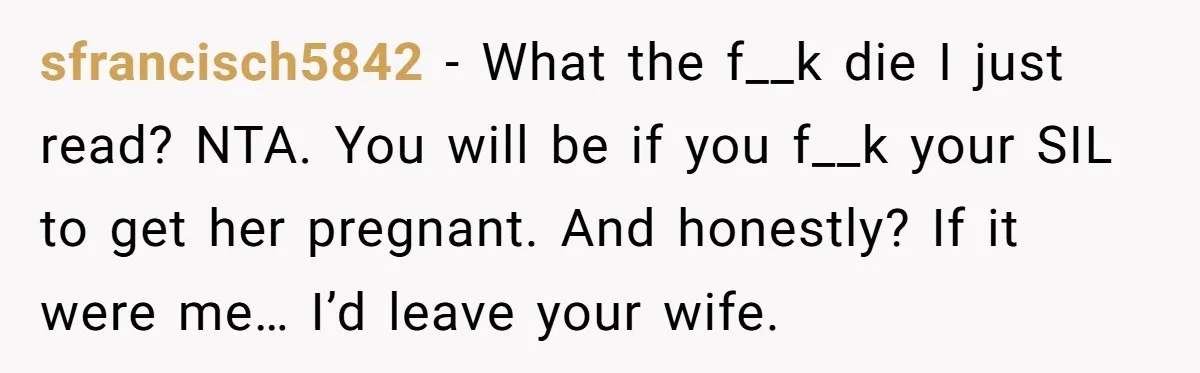 sfrancisch5842 − What the f__k die I just read? NTA. You will be if you f__k your SIL to get her pregnant. And honestly? If it were me… I’d leave...