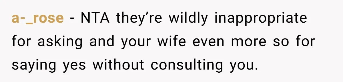 a-_rose − NTA they’re wildly inappropriate for asking and your wife even more so for saying yes without consulting you.