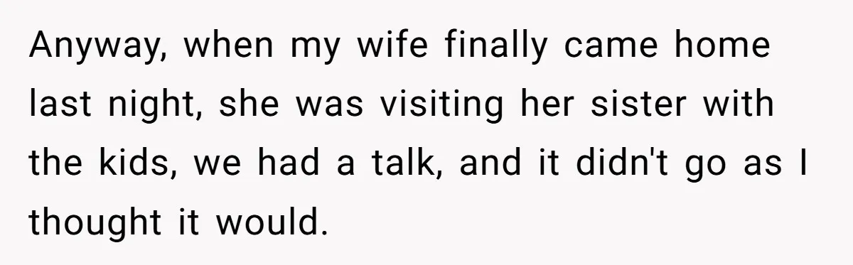 Anyway, when my wife finally came home last night, she was visiting her sister with the kids, we had a talk, and it didn't go as I thought it would.