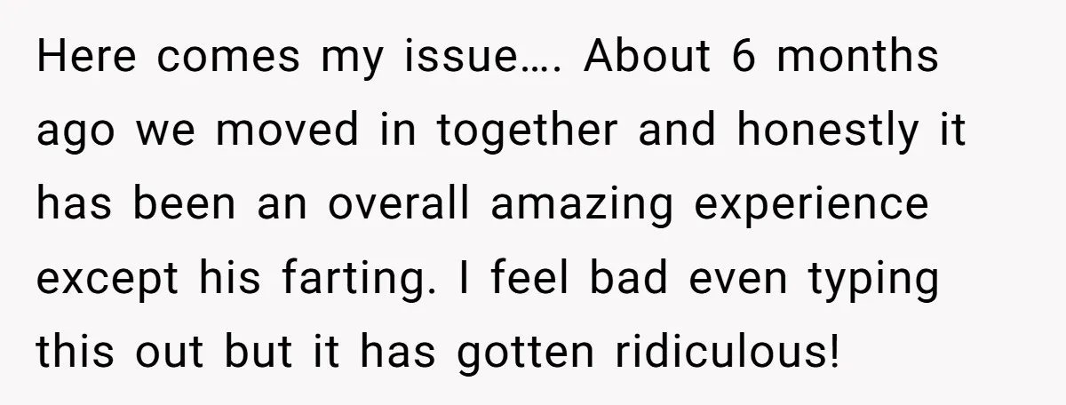 Here comes my issue…. About 6 months ago we moved in together and honestly it has been an overall amazing experience except his farting. I feel bad even typing this...