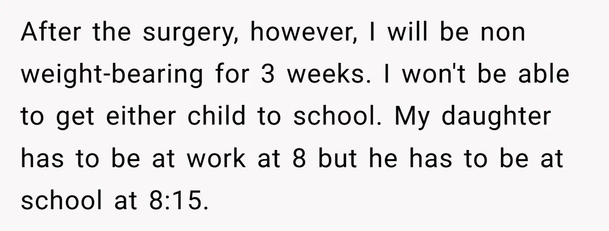 After the surgery, however, I will be non weight-bearing for 3 weeks. I won't be able to get either child to school. My daughter has to be at work at...