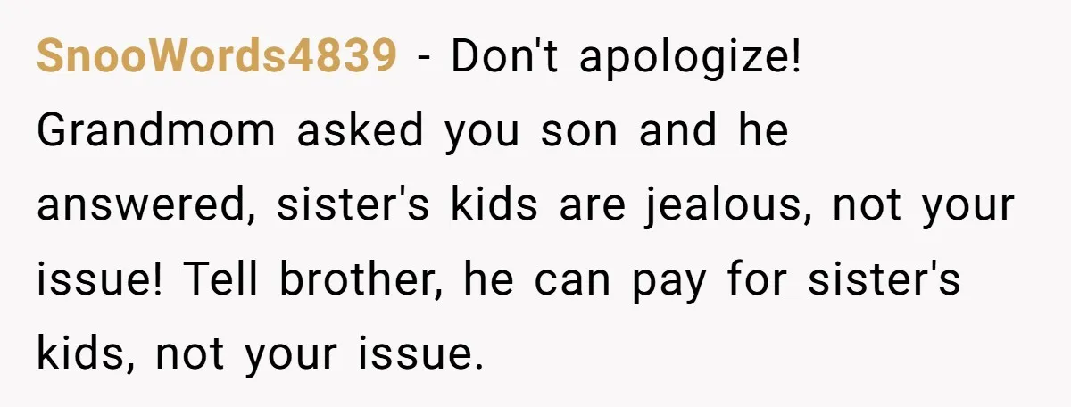 SnooWords4839 − Don't apologize! Grandmom asked you son and he answered, sister's kids are jealous, not your issue! Tell brother, he can pay for sister's kids, not your issue.