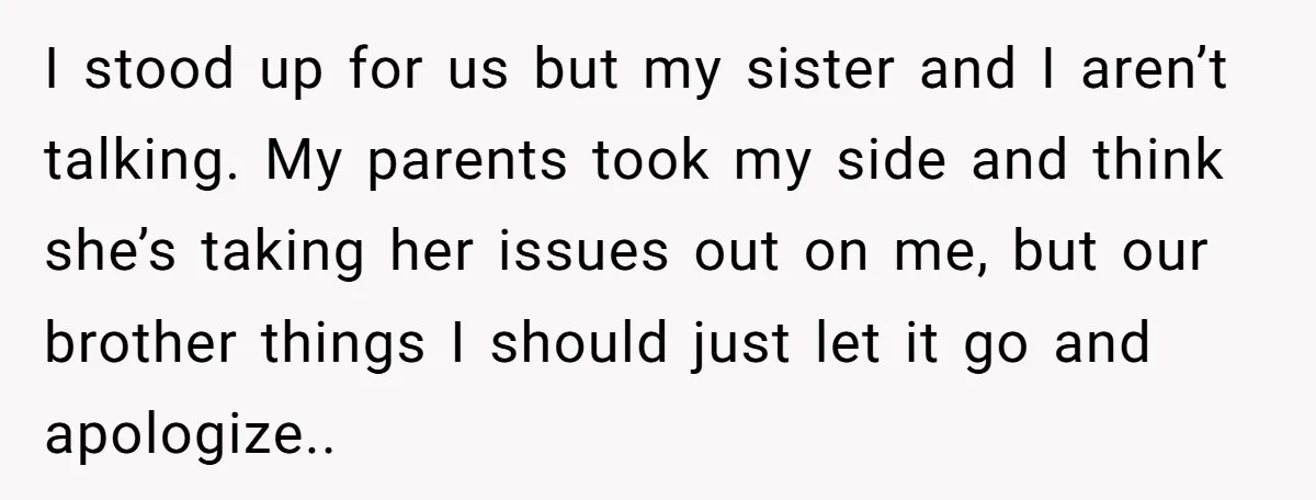 I stood up for us but my sister and I aren’t talking. My parents took my side and think she’s taking her issues out on me, but our brother things...