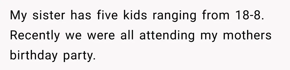 My sister has five kids ranging from 18-8. Recently we were all attending my mothers birthday party.
