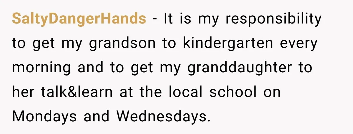 SaltyDangerHands − It is my responsibility to get my grandson to kindergarten every morning and to get my granddaughter to her talk&learn at the local school on Mondays and Wednesdays.