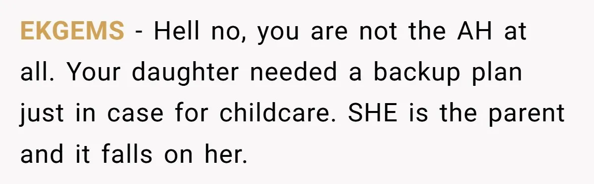 EKGEMS − Hell no, you are not the AH at all. Your daughter needed a backup plan just in case for childcare. SHE is the parent and it falls on...