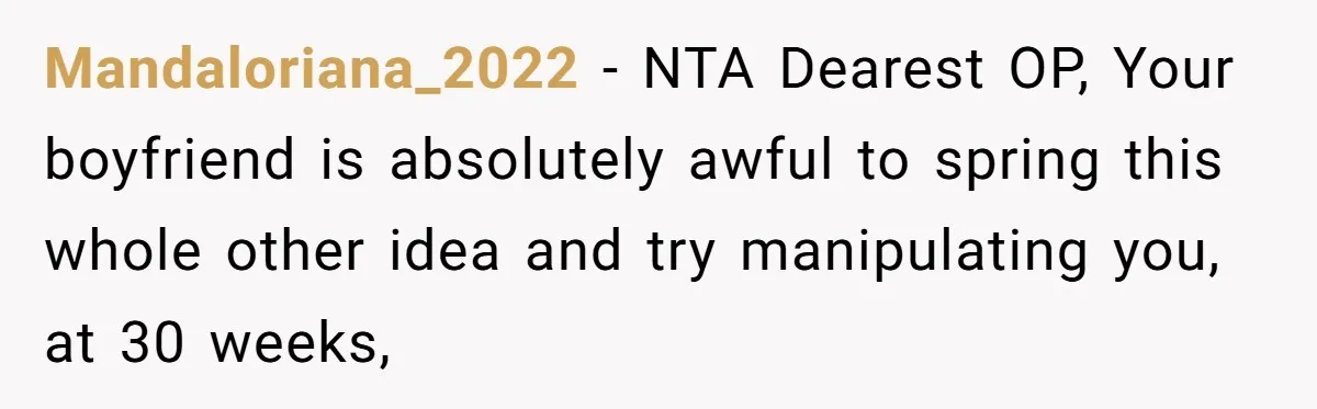 Mandaloriana_2022 − NTA Dearest OP, Your boyfriend is absolutely awful to spring this whole other idea and try manipulating you, at 30 weeks,
