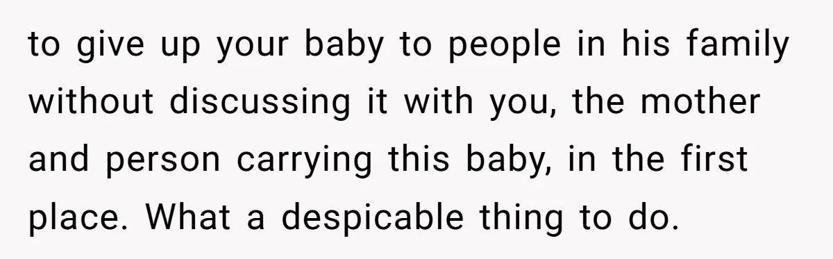 to give up your baby to people in his family without discussing it with you, the mother and person carrying this baby, in the first place. What a despicable thing...