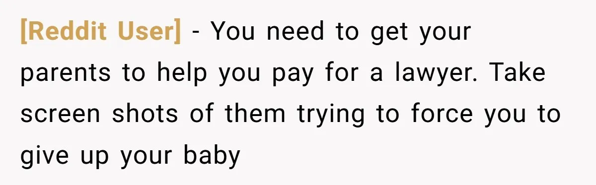 [Reddit User] − You need to get your parents to help you pay for a lawyer. Take screen shots of them trying to force you to give up your baby