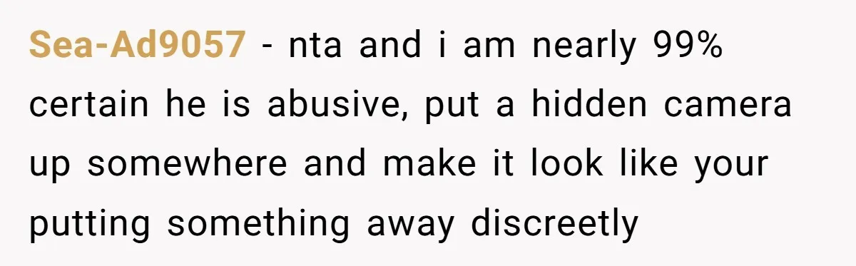 Sea-Ad9057 − nta and i am nearly 99% certain he is abusive, put a hidden camera up somewhere and make it look like your putting something away discreetly
