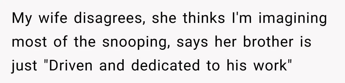 My wife disagrees, she thinks I'm imagining most of the snooping, says her brother is just "Driven and dedicated to his work"