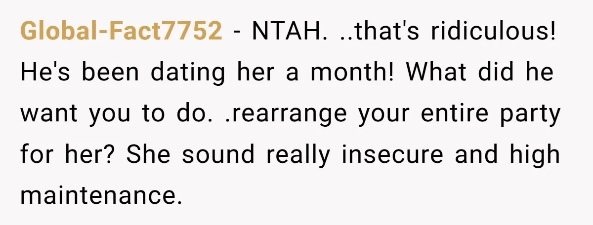 Global-Fact7752 − NTAH. ..that's ridiculous! He's been dating her a month! What did he want you to do. .rearrange your entire party for her? She sound really insecure and high...