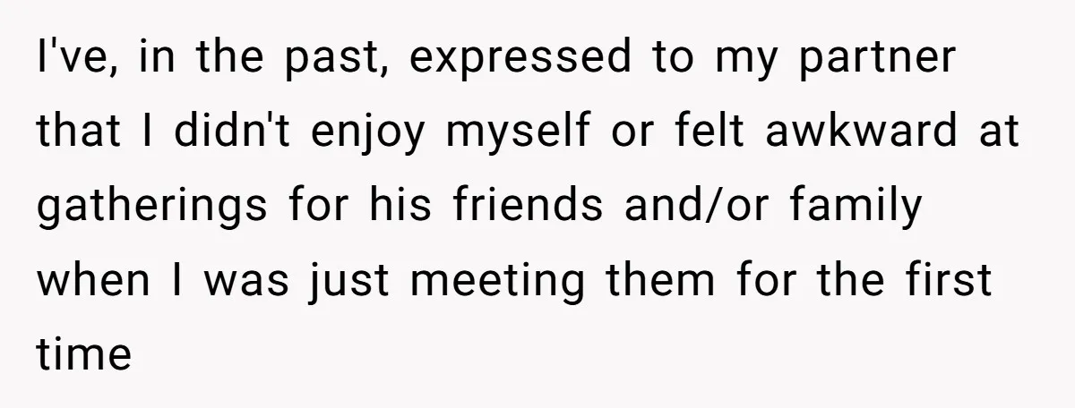 I've, in the past, expressed to my partner that I didn't enjoy myself or felt awkward at gatherings for his friends and/or family when I was just meeting them for...