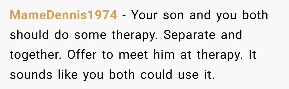 MameDennis1974 − Your son and you both should do some therapy. Separate and together. Offer to meet him at therapy. It sounds like you both could use it.