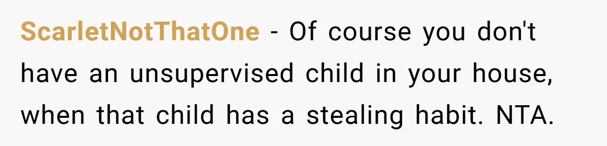 ScarletNotThatOne − Of course you don't have an unsupervised child in your house, when that child has a stealing habit. NTA.