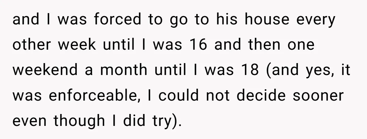 and I was forced to go to his house every other week until I was 16 and then one weekend a month until I was 18 (and yes, it was...