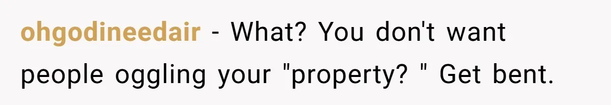 ohgodineedair − What? You don't want people oggling your "property? " Get bent.