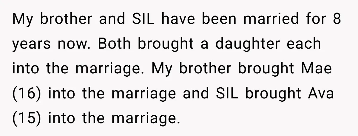 My brother and SIL have been married for 8 years now. Both brought a daughter each into the marriage. My brother brought Mae (16) into the marriage and SIL brought...