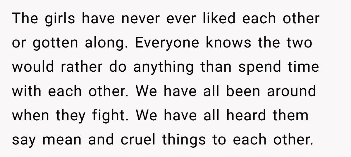 The girls have never ever liked each other or gotten along. Everyone knows the two would rather do anything than spend time with each other. We have all been around...