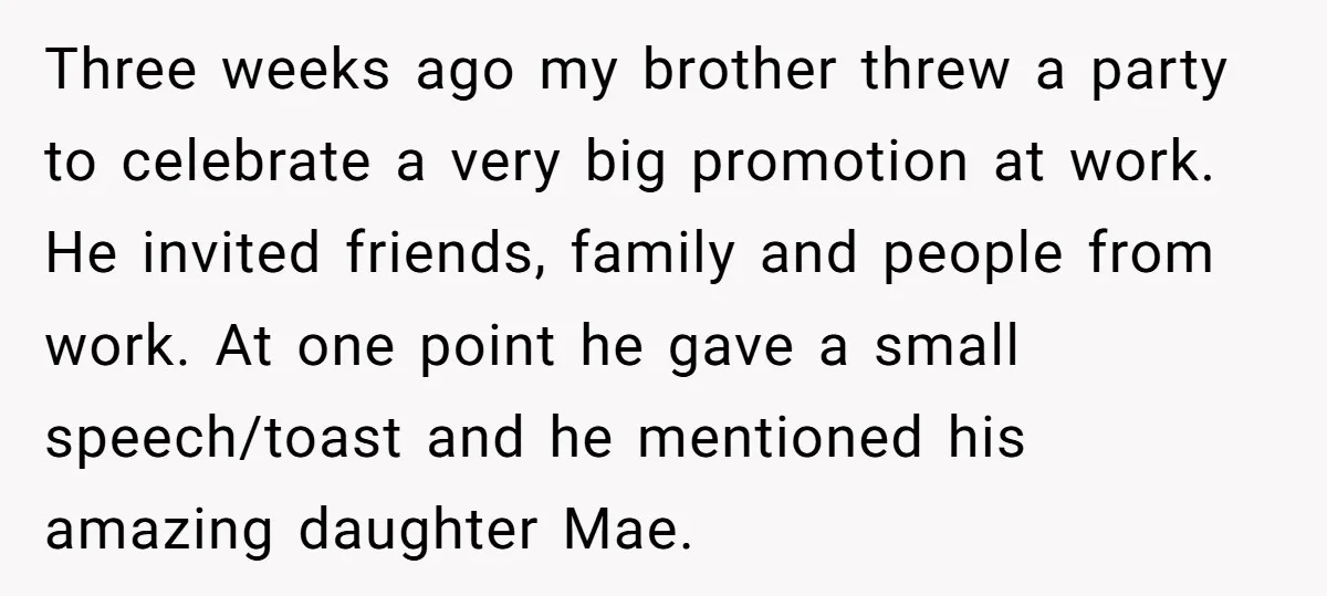 Three weeks ago my brother threw a party to celebrate a very big promotion at work. He invited friends, family and people from work. At one point he gave a...