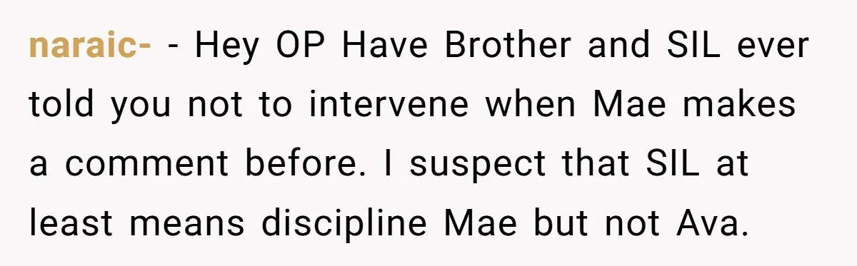 naraic- − Hey OP Have Brother and SIL ever told you not to intervene when Mae makes a comment before. I suspect that SIL at least means discipline Mae but...