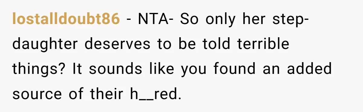 lostalldoubt86 − NTA- So only her step-daughter deserves to be told terrible things? It sounds like you found an added source of their h__red.