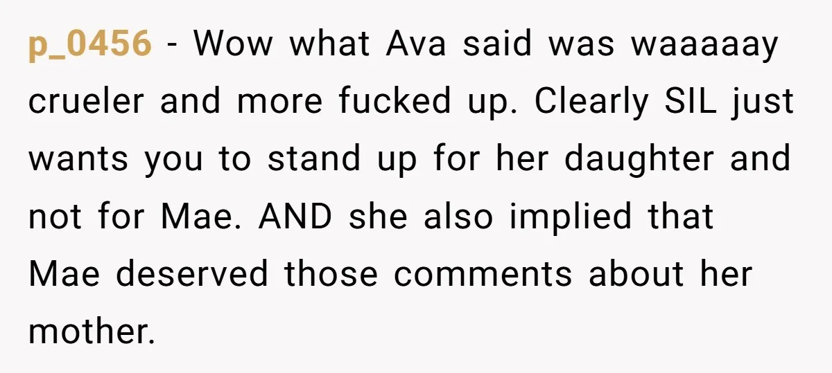 p_0456 − Wow what Ava said was waaaaay crueler and more fucked up. Clearly SIL just wants you to stand up for her daughter and not for Mae. AND she...