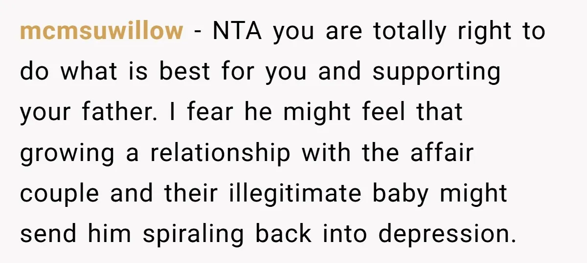mcmsuwillow − NTA you are totally right to do what is best for you and supporting your father. I fear he might feel that growing a relationship with the affair...