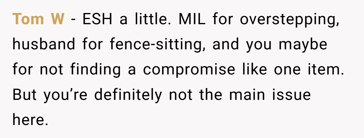 Tom W - ESH a little. MIL for overstepping, husband for fence-sitting, and you maybe for not finding a compromise like one item. But you’re definitely not the main issue...