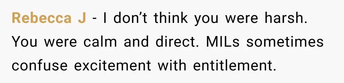 Rebecca J - I don’t think you were harsh. You were calm and direct. MILs sometimes confuse excitement with entitlement.