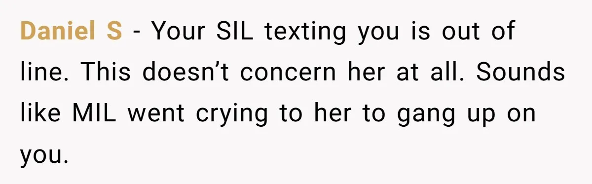 Daniel S - Your SIL texting you is out of line. This doesn’t concern her at all. Sounds like MIL went crying to her to gang up on you.