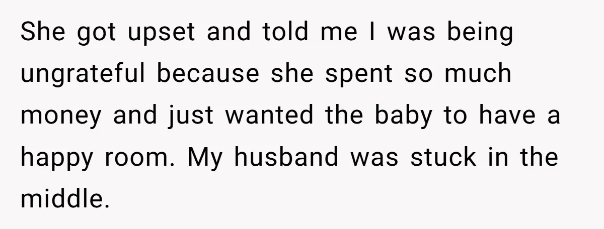 She got upset and told me I was being ungrateful because she spent so much money and just wanted the baby to have a happy room. My husband was stuck...