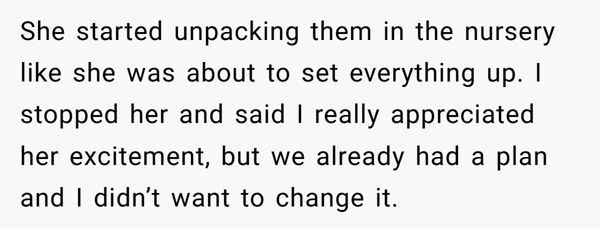 She started unpacking them in the nursery like she was about to set everything up. I stopped her and said I really appreciated her excitement, but we already had a...